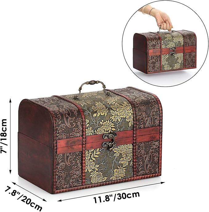 Vintage Treasure Chest Box, Pirate Keepsakes Box for Kids Gifts, Wooden Treasure Storage Box Decorative Box for Jewelry Pearl Trinkets, X-Large