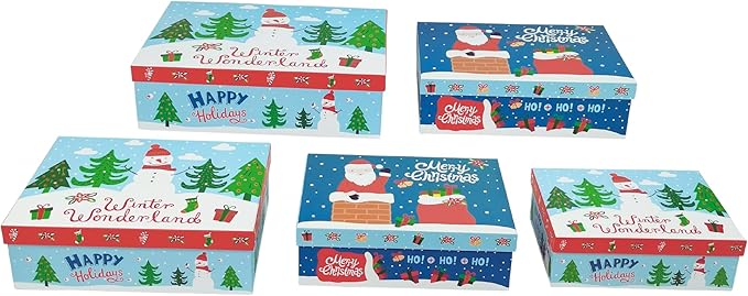 Set of 3 Nesting Storage Boxes - Decorative Treasure Chest Stackable Paperboard Containers with Fitted Lids and Seasonal Sayings (Large, Snowed In)