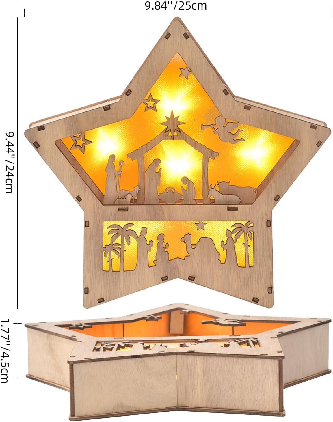 Christmas Nativity Set, Wooden Star Shaped Nativity Scene LED Light, 3D Christmas Decor, Indoor Festive Ornament, Winter Decoration Centerpiece for Table Tiered Tray Fireplace Mantel (Star)