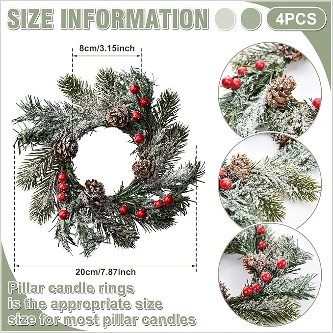4 Pieces Christmas Candle Rings Wreaths Small Christmas Kitchen Cabinet Wreaths Pillars Mini Candle Rings Christmas Table Centerpieces Hanging Garlands for Christmas Front Door Window Decor