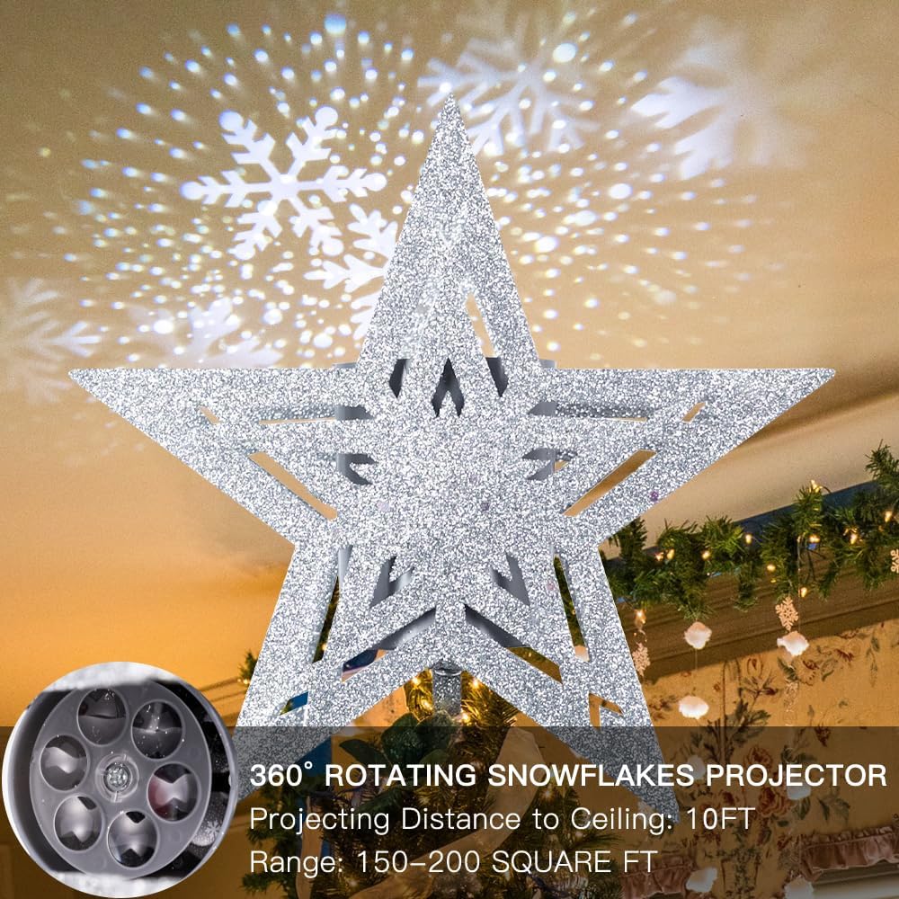 hogardeck Christmas Tree Topper, 3D Silver 5-Pointed Star Tree Topper Lighted with Hollow Glitter Projector for Christmas Treetop, LED Snowflake Tree Topper for Christmas Tree Decorations