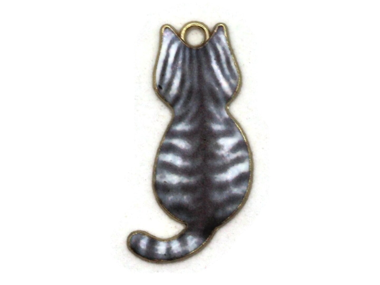 30mm Gray Striped Cat Enamel and Gold Tone Pendant