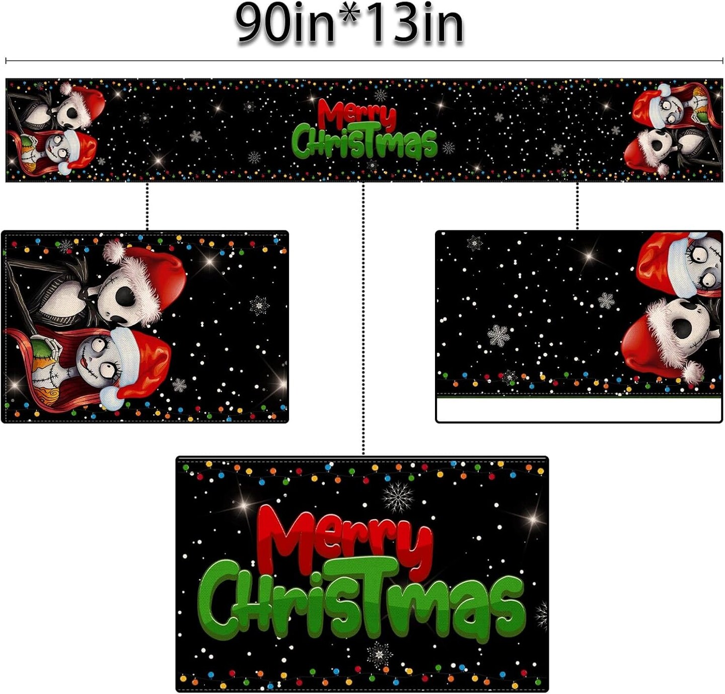 Merry Christmas Table Runner The Nightmare Before Christmas Jack Skellington and Sally Birthday Party Decoration Home Kitchen Dining Room Deocr (Black, 13&#x22; x 90&#x22;)