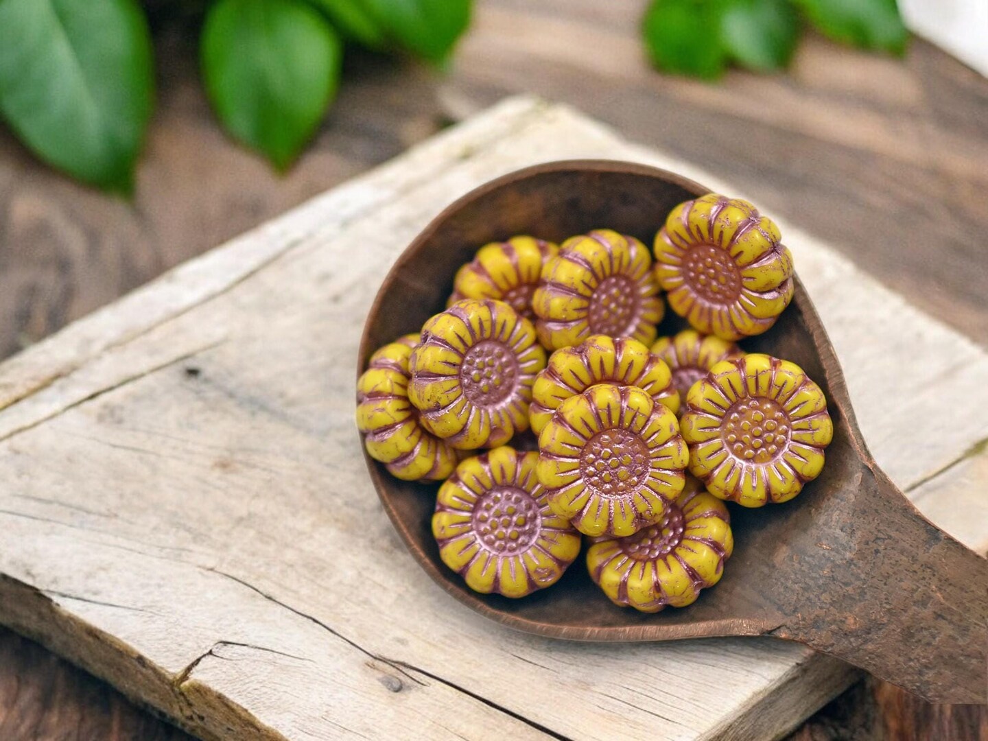 *12* 13mm Metallic Pink Washed Opaque Yellow Sunflower Coin Beads