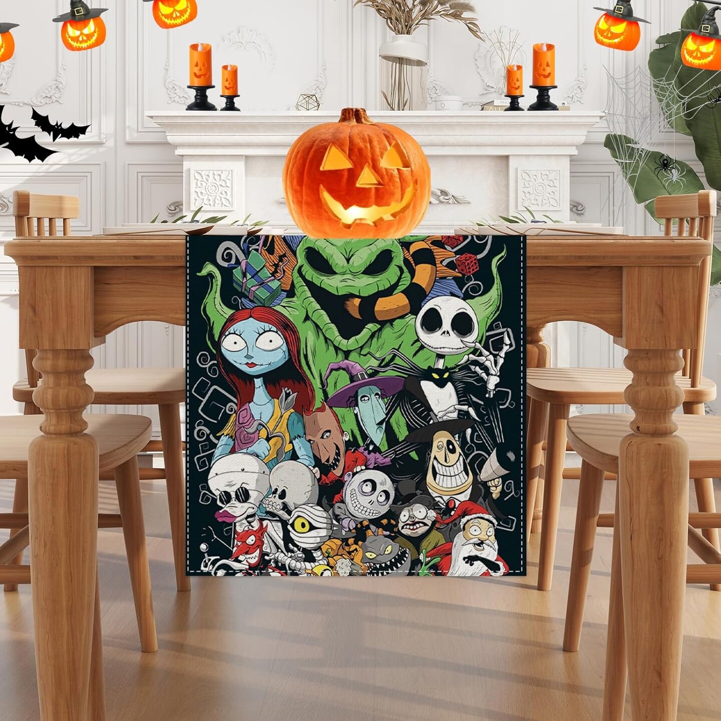 Linen Nightmare Before Christmas Halloween Table Runner Jack Skellington Jack and Sally Decorations and Supplies for Home Kitchen Dining Room Table