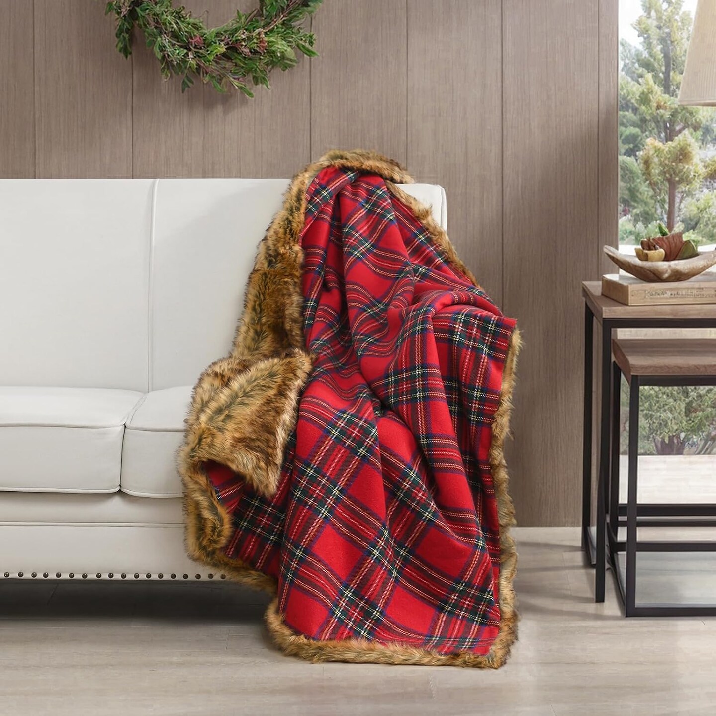 Luxury Plush Faux Fur Throw Blanket with Red Plaid Pattern, Super Warm, Fuzzy, Elegant, Fluffy Decoration Christmas Holiday Blanket for Couch, Armchair, Sofa and Bed, 50''x 60''