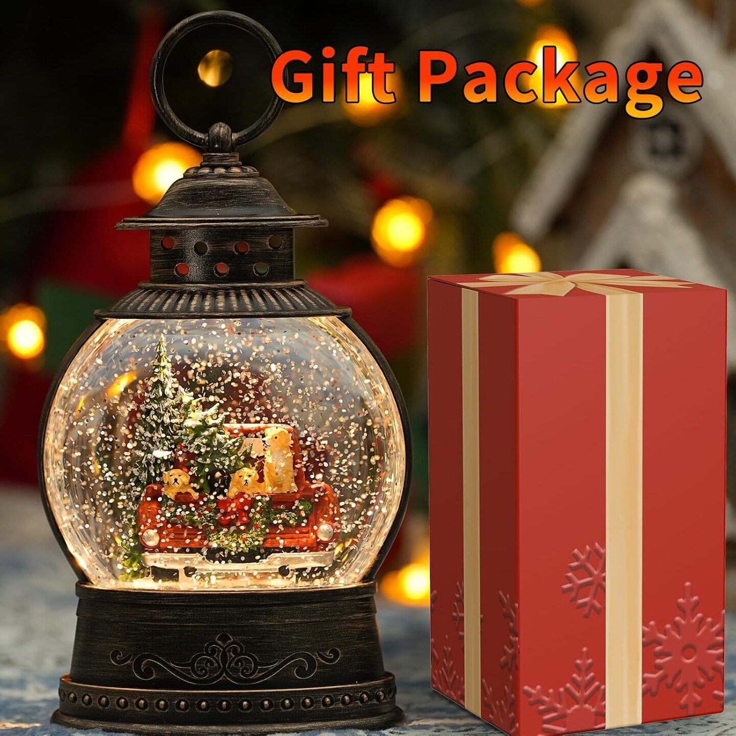 Dog Snow Globe Lighted Christmas Decorations, Musical Snow Globe Lantern with Swirling Glitter, Red Truck Christmas Tree Holiday Party Gifts and Decorations, USB &#x26; Battery Operated
