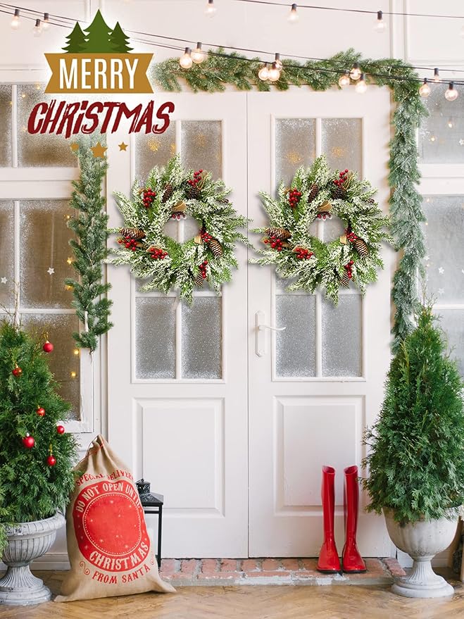 2 Pack Christmas Wreath 23&#x201D;, Winter Wreaths for Front Door with Pinecones, Red Berries, Burlap Ribbon &#x26; Snowflake, Artificial Outdoor Holiday Door Decorations with 2 Wreath Hangers