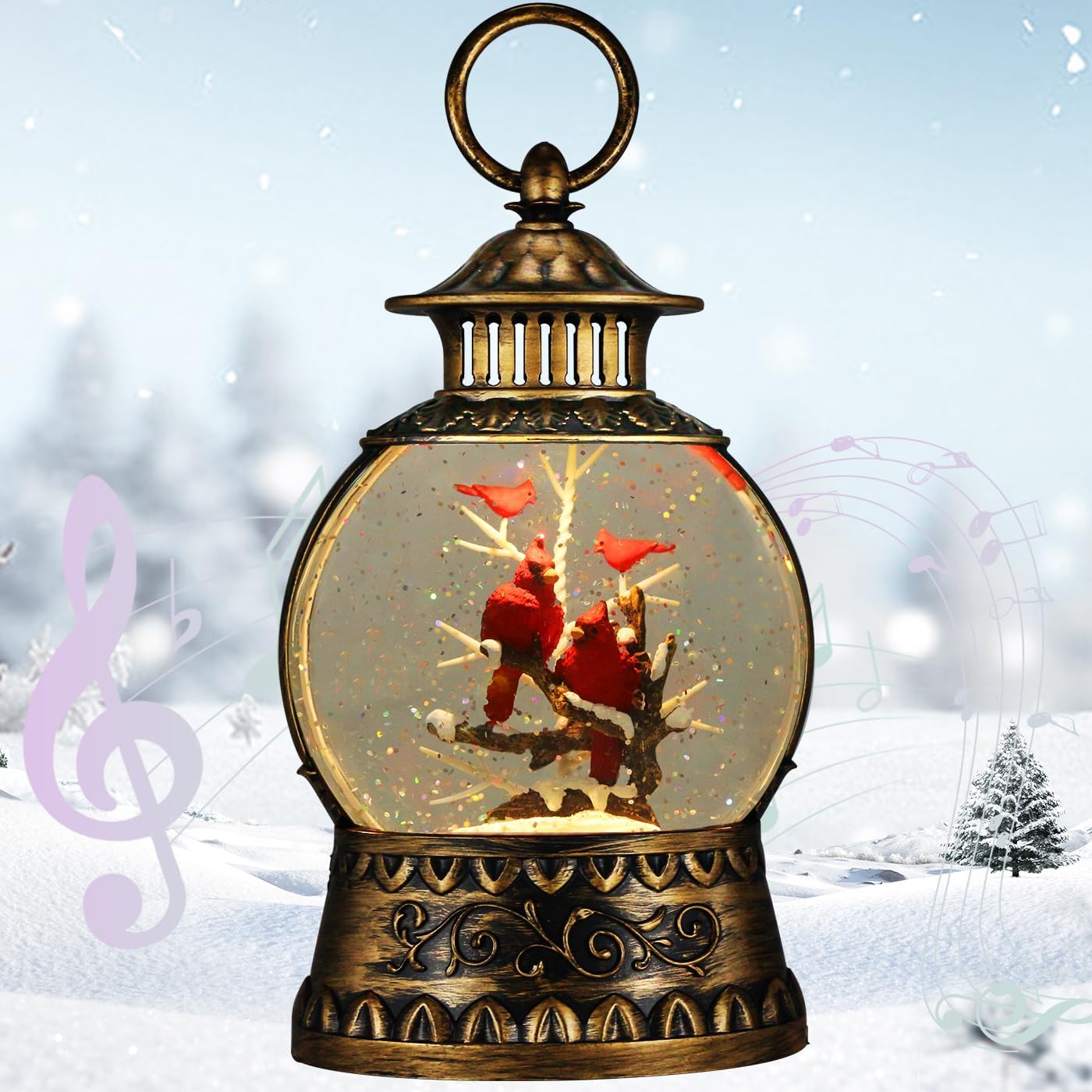 Cardinal Christmas Snow Globe, Cardinal Musical Snow Globe Lantern Lights with 6H Timer Battery & USB Powered, Retro Style Holiday Glitter Globe for Xmas Home Decoration Holiday Party Gifts