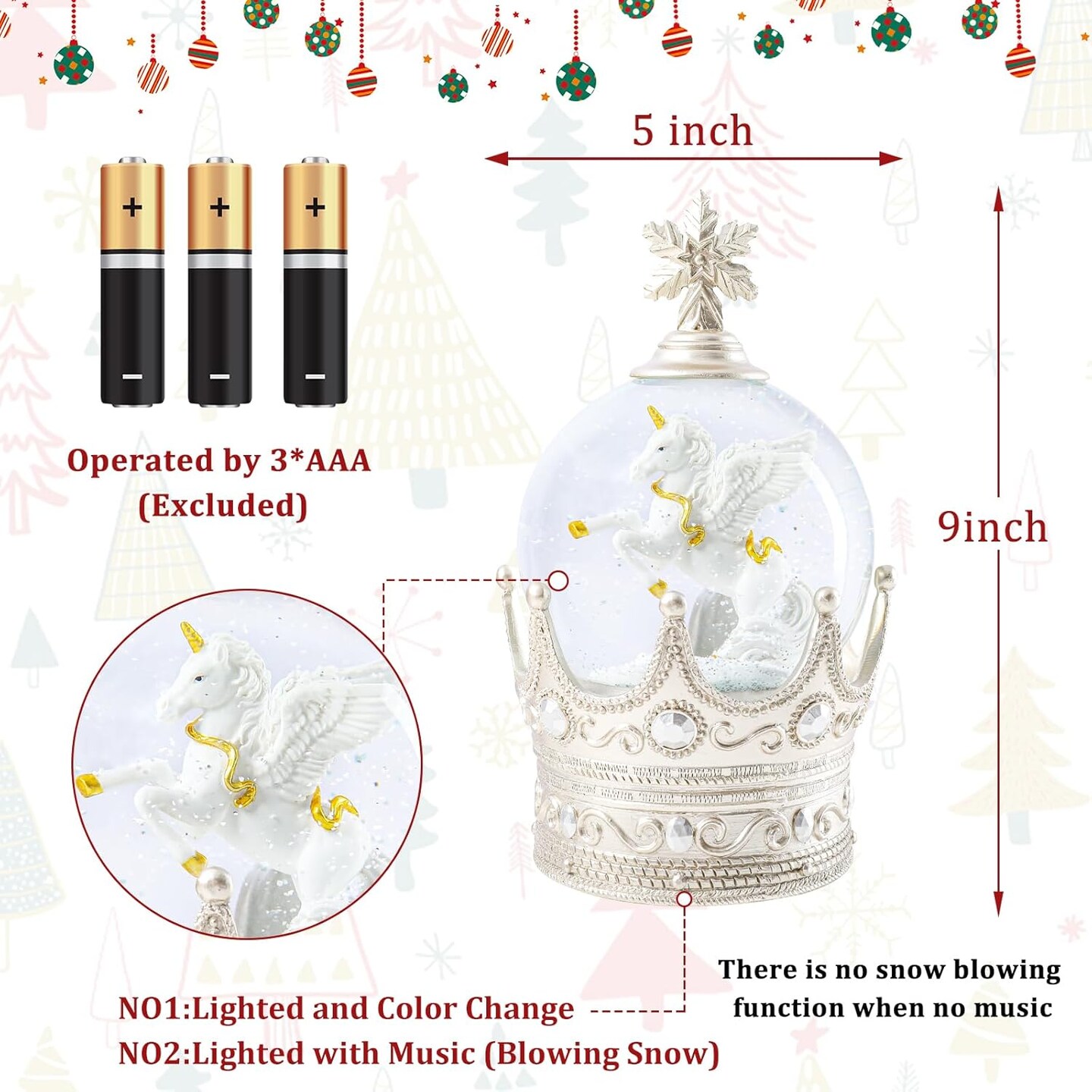 Christmas Snow Globe, Crown White Horse Musical Snowglobe with Swirling Glitter Snowflakes Lighted Christmas Decorations Tabletop Home D&#xE9;cor