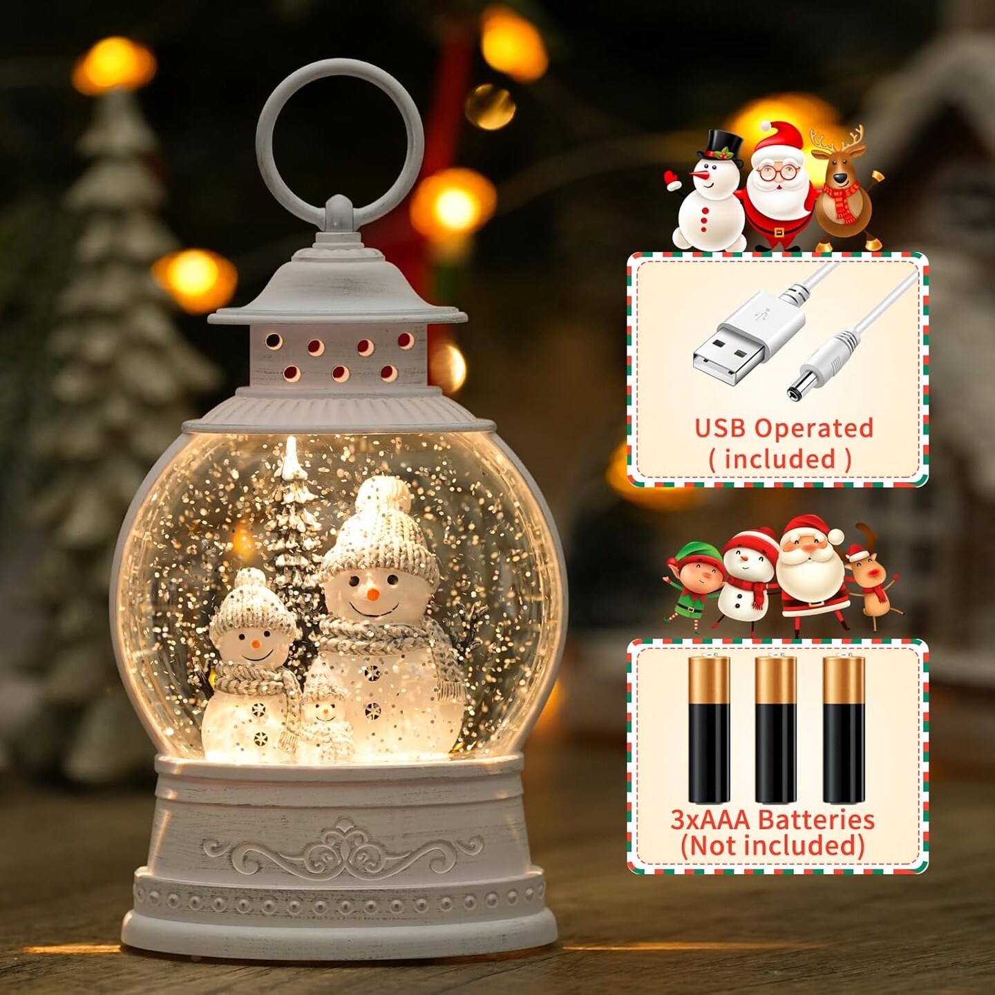 Christmas Snow Globe Lantern, Musical Lighted Snowman Snow Globes with 6H Timer, Battery &#x26; USB Operated Spinning and Swirling Glitter Snow Globes Christmas Decorations