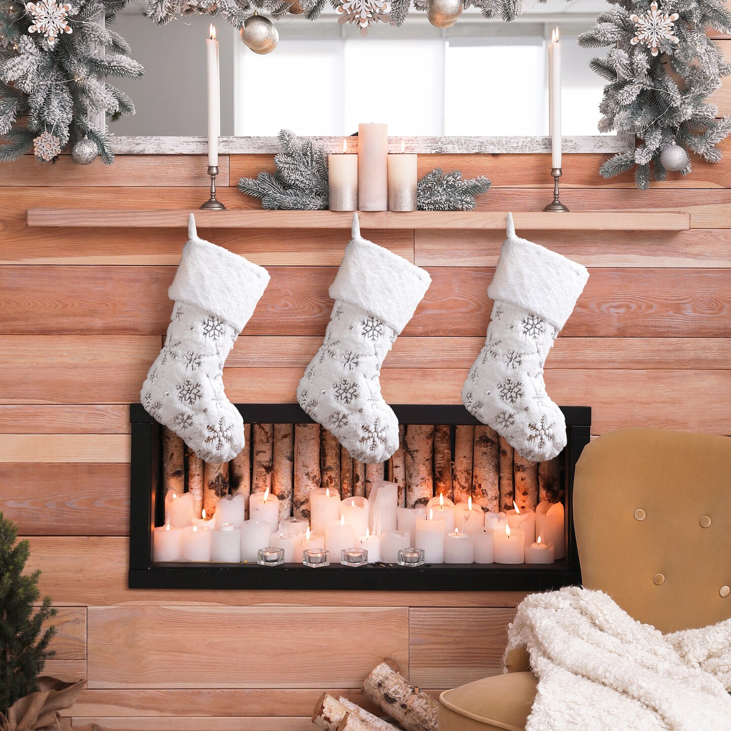 White Plush with Snowflake Christmas Stockings &#x26; a tree skirt