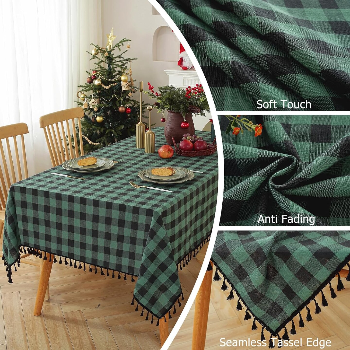 Christmas Checkered Tablecloth Rectangle Cotton Linen Fabric Gingham Table Cloth Buffalo Plaid Table Cover with Tassel Wrinkle Free Washable for Kitchen Holiday Dining, Green and Black, 55X55&#x27;&#x27;