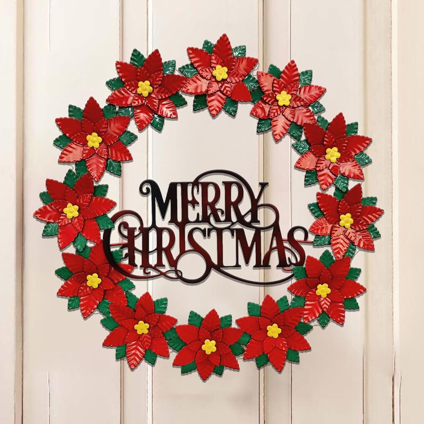 16&#x201D; Metal Christmas Wreath for Front Door, Poinsettias Handcrafted Holiday Xmas Door Wreaths Clearance Porch Decorations