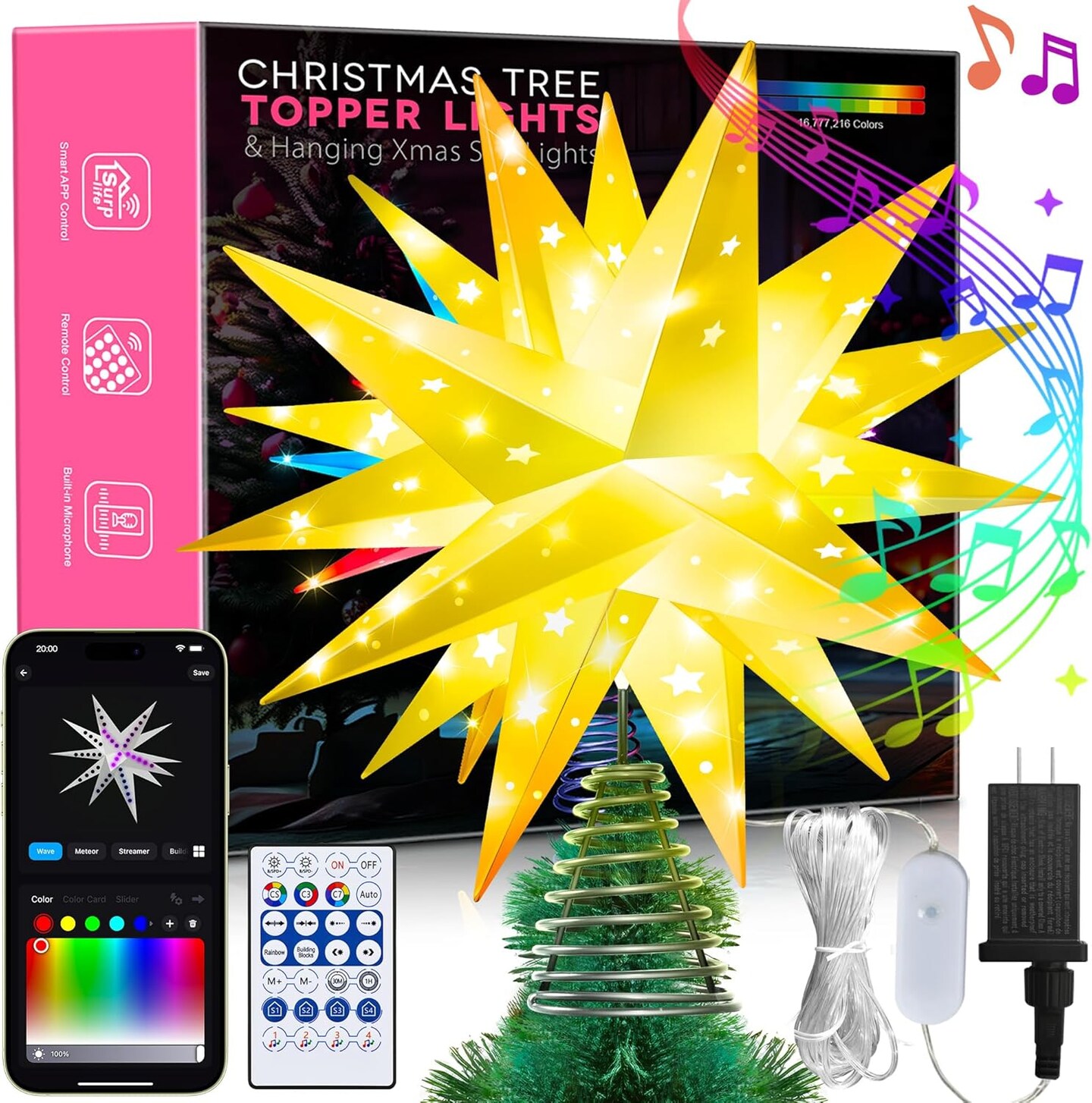 Smart 13&#x22; Moravian Star Tree Topper Lighted - 54 LED 3D Foldable Christmas Star Tree Topper with Lights, App Control Music Sync Top LED Tree Top with Remote Indoor Outdoor Decoration (Hollow Stars)