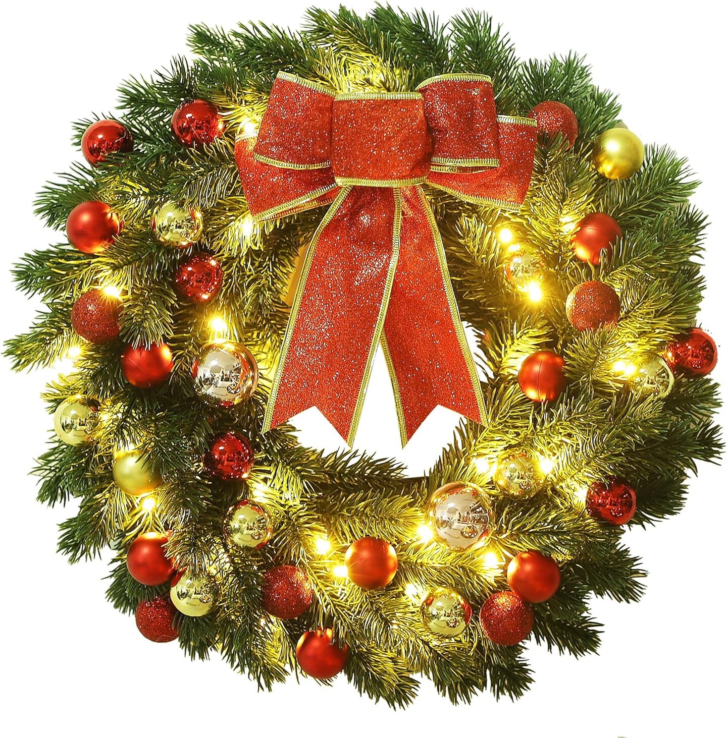 16 Inch Pre-lit Christmas Wreath with Hook, Battery Operated Christmas Wreath Decorative Christmas Balls Hanging Ornament, Artificial Door Wreath 40 Clear LED Lights