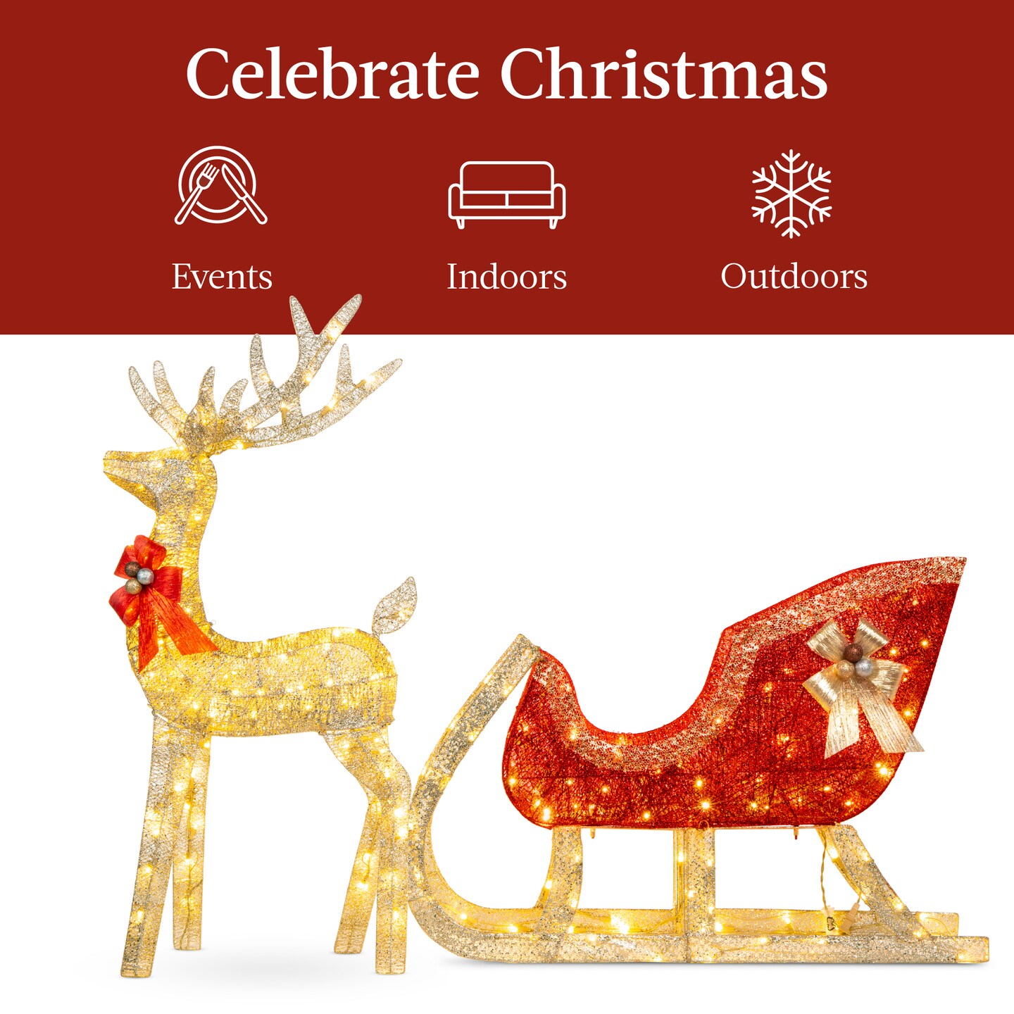Best Choice Products Lighted Christmas 4ft Reindeer &#x26; Sleigh Outdoor Yard Decoration Set w/ 205 LED Lights, Stakes