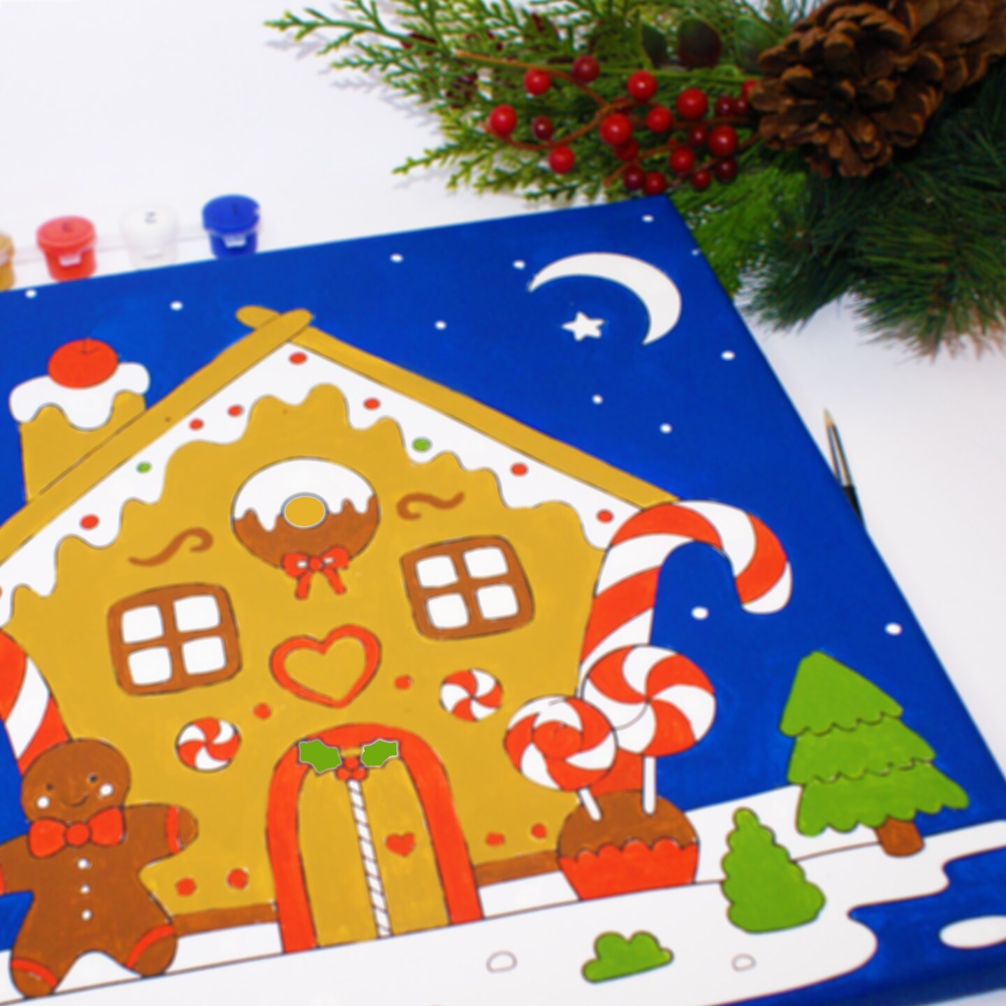 Angels Craft Paint by Number Canvas Set - Christmas Candy Cottage | Includes: 1 Pre-printed Canvas, 6 Acrylic Paint pots, 1 Artist Brush