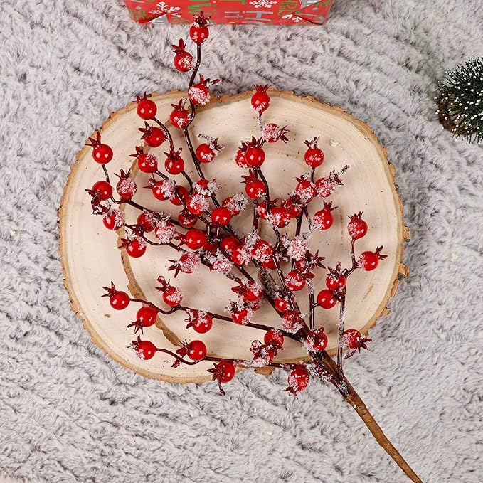 Artificial Christmas Berries Stems with Ice Snow Long Pomegranate Berry for Crafts Garland Home Party Christmas Decoration