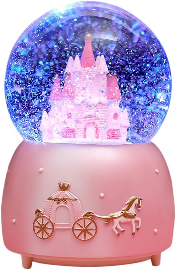 Castle Snow Globes Luminous Music Box Cartoon Christmas Snow House Automatic Spray Snowflake Rotating Crystal Ball with Color Changing LED Lights for Home Decoration Birthday Gift