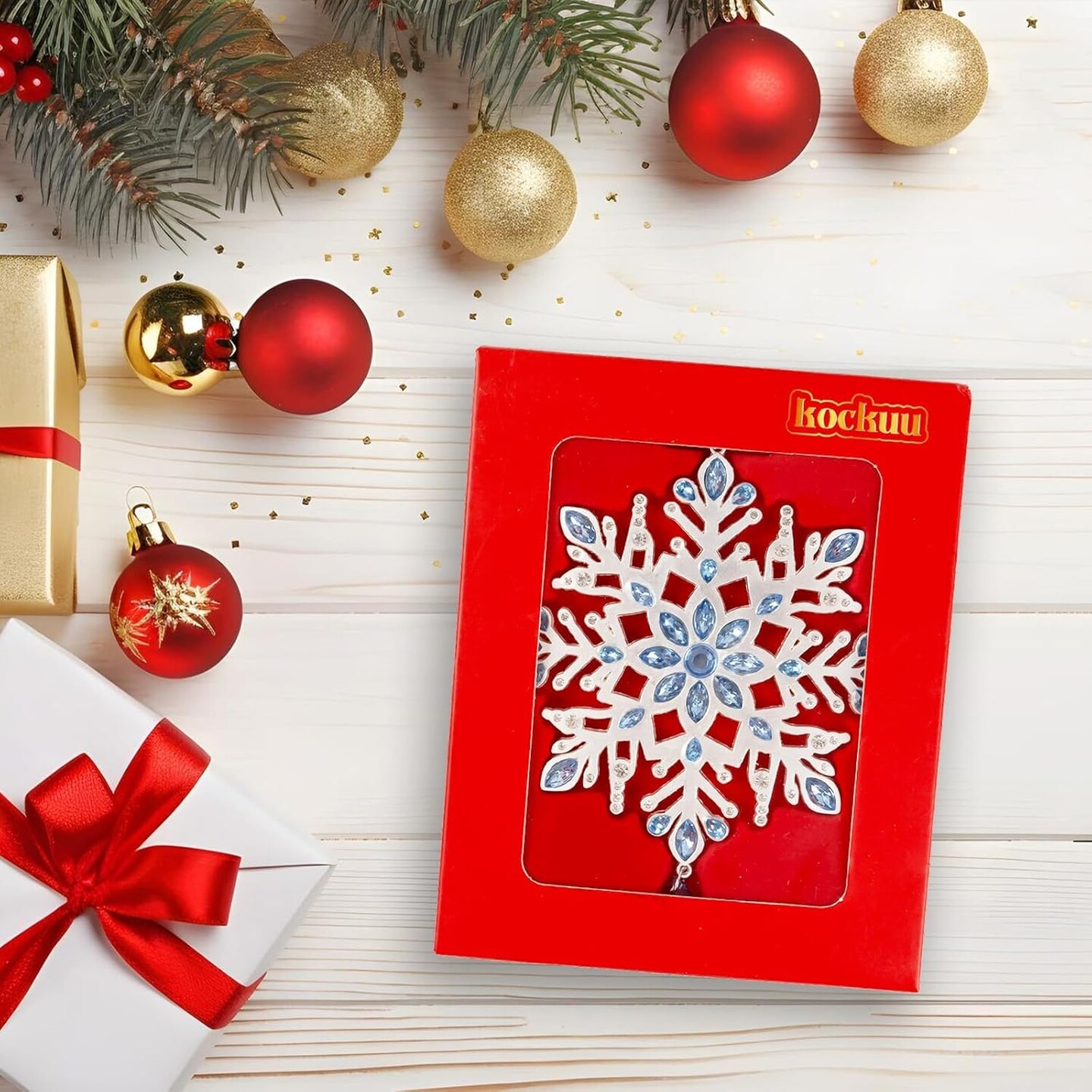 Snowflake Christmas Tree Ornaments, Metal Snowflake Hanging Ornament for Tree with Decorative Blue Crystals Christmas 2024 Engraved for Winter Xmas Tree Snowflake Keepsake Gifts Holiday Decoration