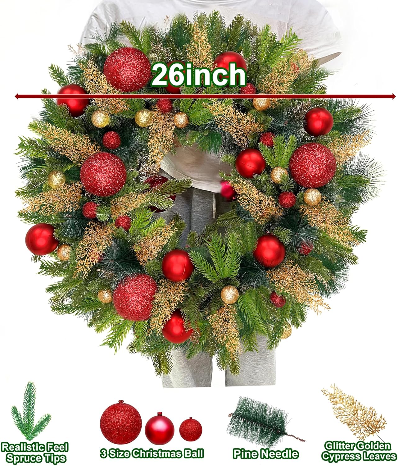 Remote Control-26 Inch Large Thick Prelit Christmas Wreath, Realistic Norfolk PE Pine 50 Warm White&Color Switch Lights Timer 12 Mode, 33 Ball Pine Needles Cypress Leaves Xmas Cedar Door Wreath Decor
