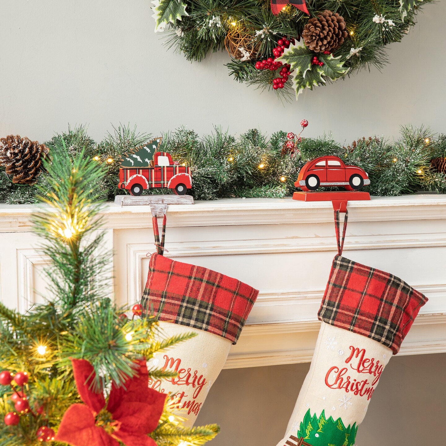 Set of 2 Wooden/Metal Red Car &#x26; Truck Stocking Holders