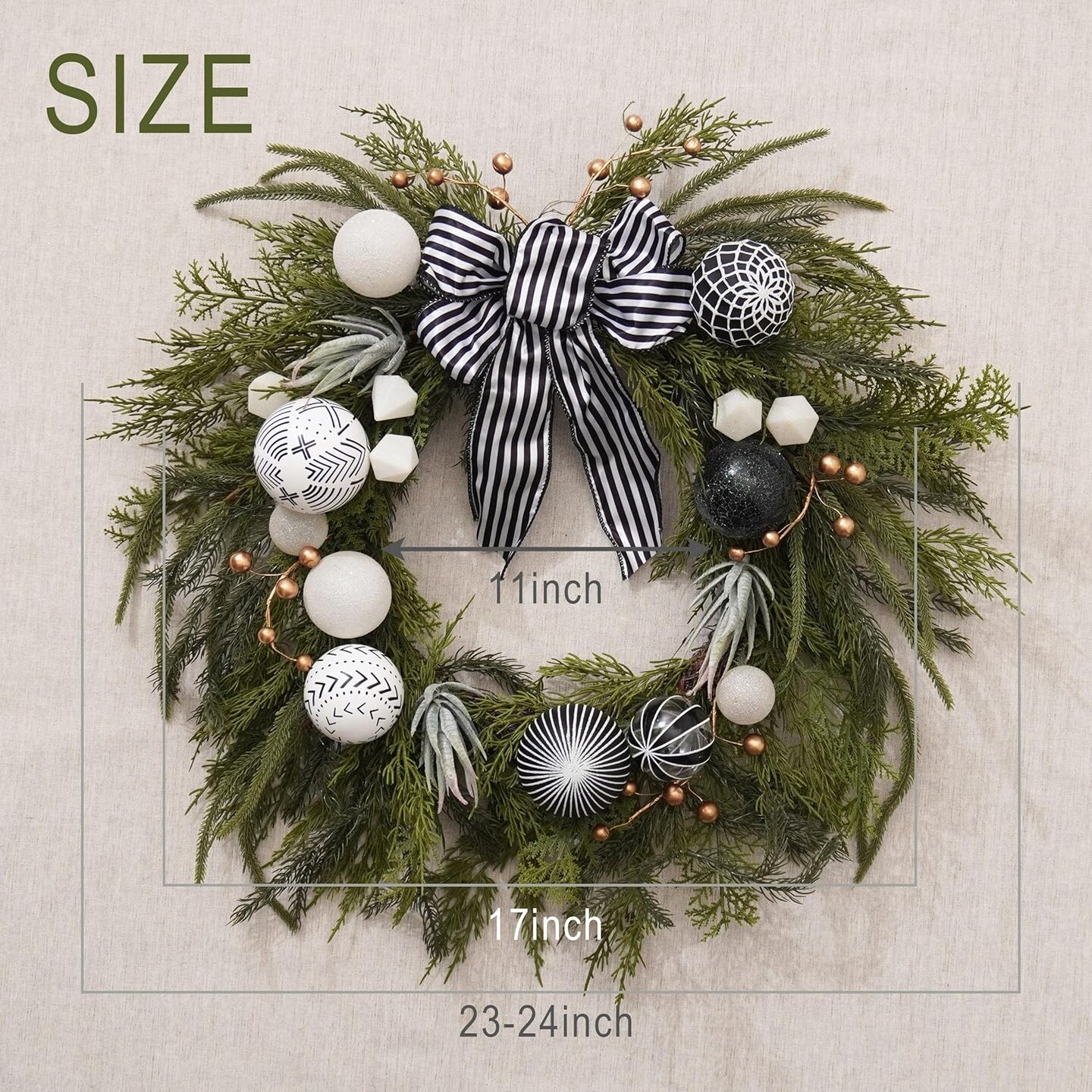 Collapsible Christmas Wreath, 24 inch Prelit Norfolk Pine Wreaths for Front Door with Ornament, Aritificial Greenery Christmas Wreath Decorations with Lights (Boho Black &#x26; White)