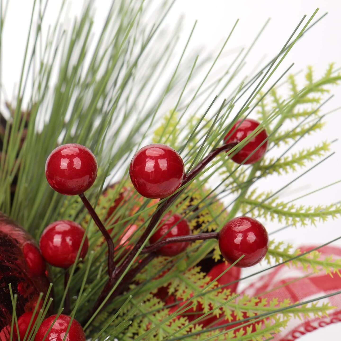 Potted with Pinecones Berries and Red Xmas Ball Ribbon Christmas Arrangements Centerpieces Ornaments in 4.7&#x27;&#x27; Black Ceramic Pot for Home Indoor Table