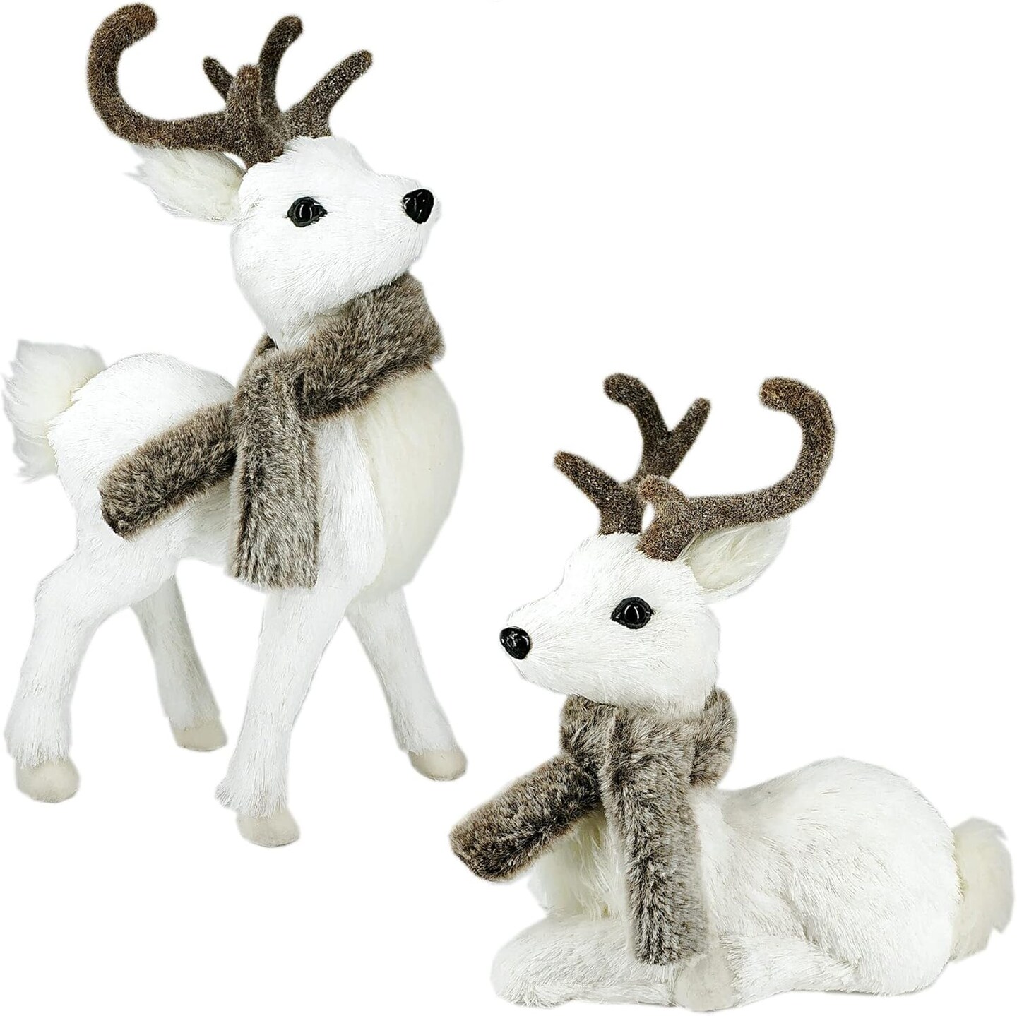 Nature Vibe 14.8 Inches Sisal Reindeer Christmas Decoration Set of 2,Cute Woodland Animals Figurines with Faux Fur Scarf as White Christmas Decorations,Fireplace Decor
