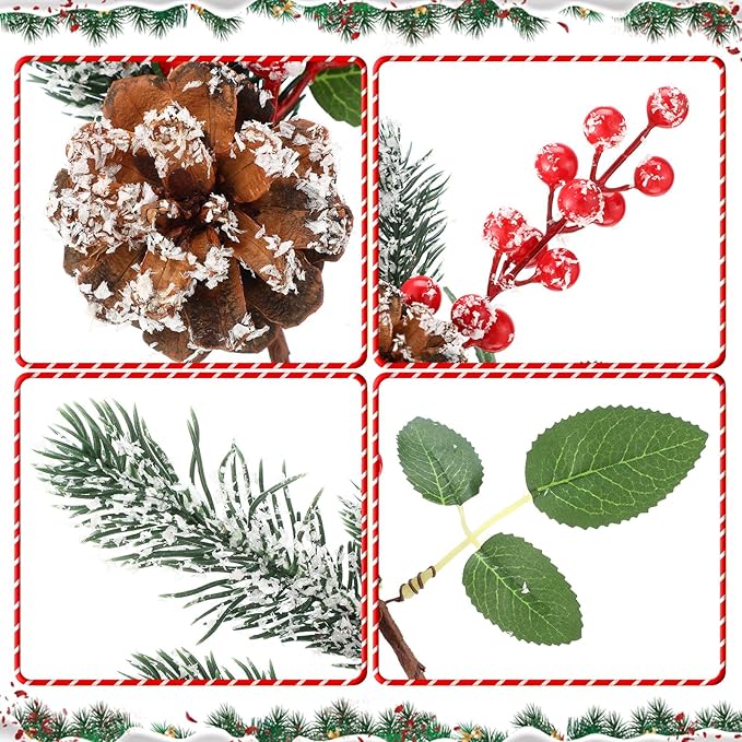 Picks Red Picks Pine Picks Set 11 Inch Pine Snowy Flower Berry Picks Artificial Pine Cones Holly Stem Craft Fake Berry Branches for Christmas Xmas DIY Tree Decor