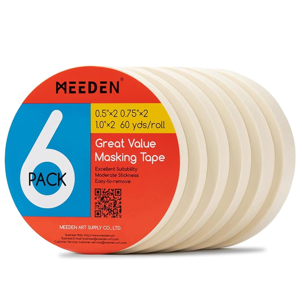 MEEDEN 6 Packs White Artist Tape, 0.5&#x22; 0.75&#x22; 1.0&#x22; x 60 Yard, Multi-Sized Masking Art Tape, Acid-Free Painters Tape for Painting Drafting Canvas Framing, General Purpose for Craft, Office, School