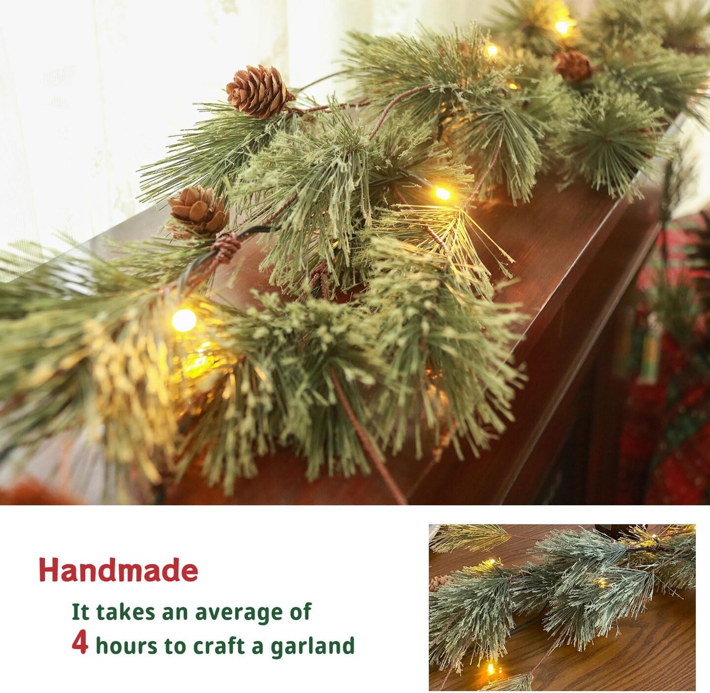 6.6FT Rustic Christmas Garland with Light, Pre-lit Outdoor Garland with Pine Needles Pine Cones for Fireplace Door Porch Mantel Centerpiece Xmas Decoration, Green (Dense Pine Needle)