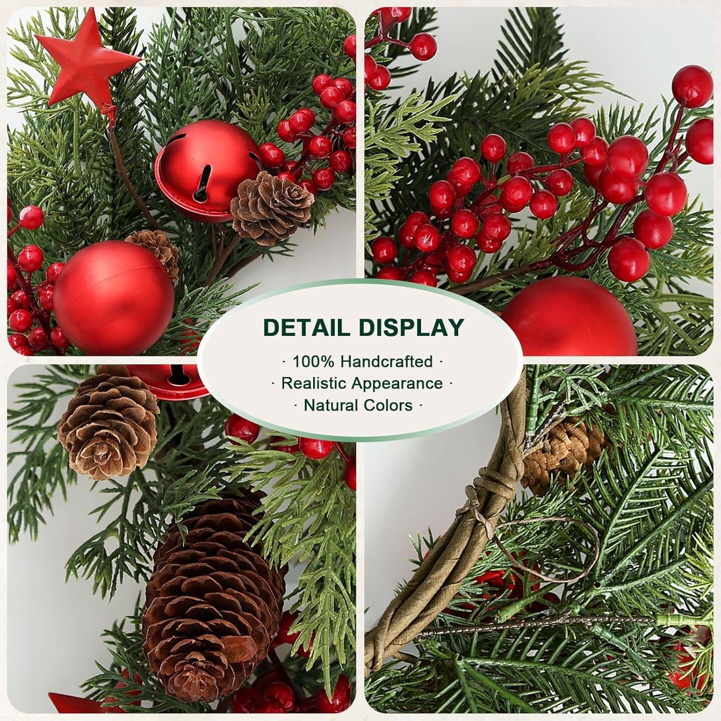 Christmas Red Wreaths for Front Door 20 Inches, Xmas Farmhouse Winter Wreath with Bells Balls Berry Stars for Window Outdoor Outside, Artificial Holiday Rustic Wreath for Indoor Porch Decor