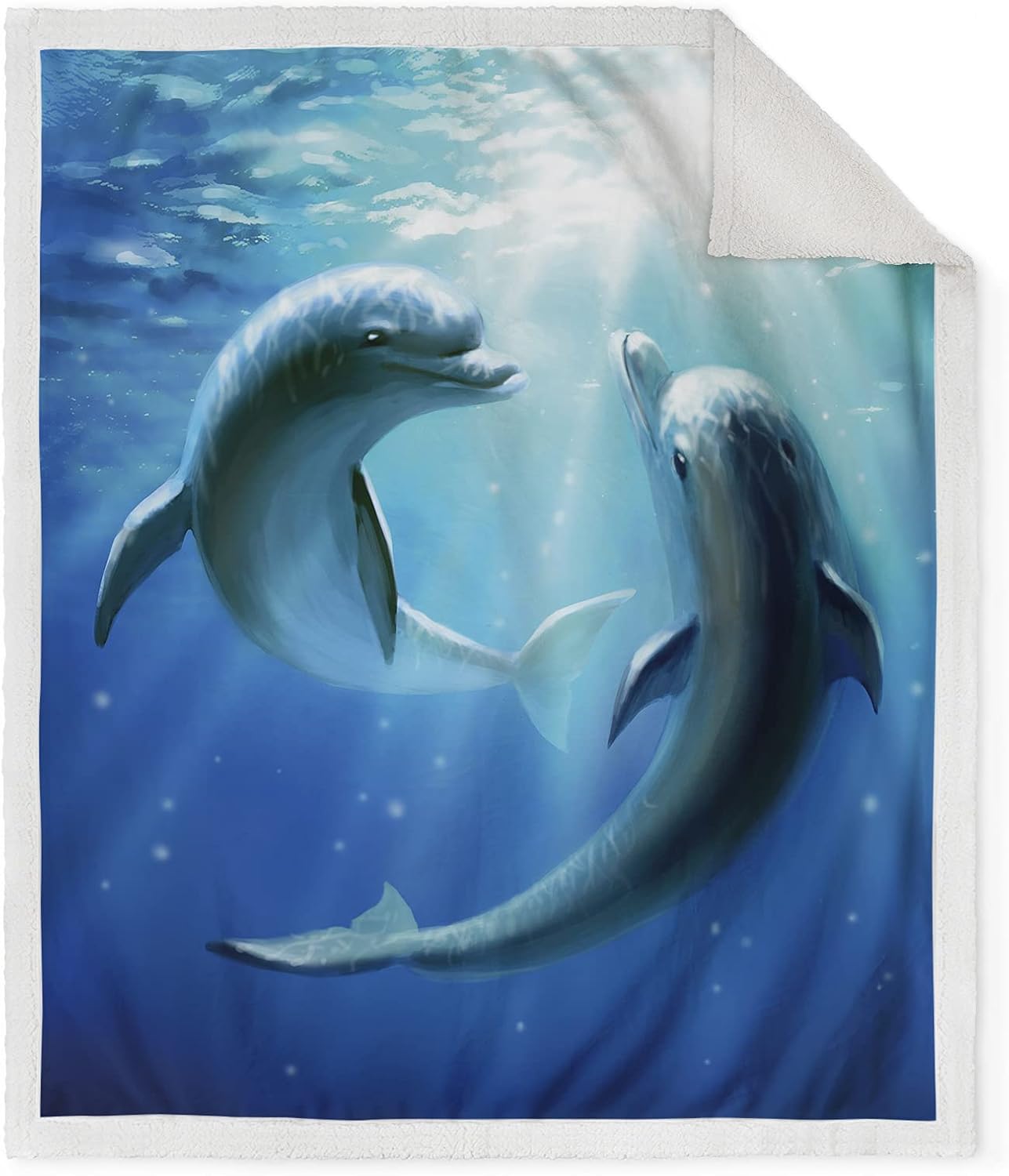 Dolphin Blanket Gifts for Women Girls Men Boys Birthdays Christmas Valentines Presents Ocean Decor Home Bedroom Living Room Soft Plush Fluffy Adults Kids Sherpa Throw Blue 50"x60"