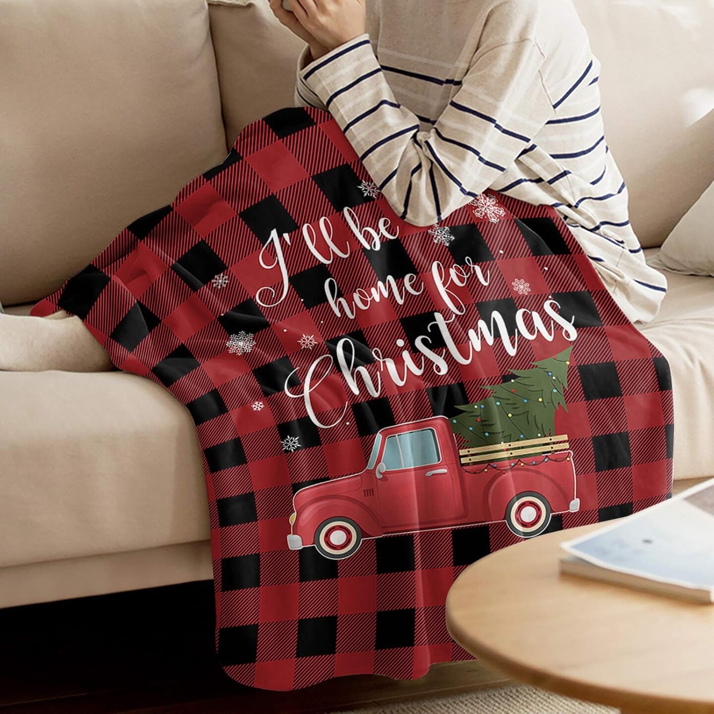 Christmas Truck Soft Fleece Throw Blankets for Couch, Xmas Tree Buffalo Plaid Microfiber Bed Blanket, Farmhouse Snowflake Check Christmas Throws, 40x50inch Flannel Blanket Cover for Sofa Travel