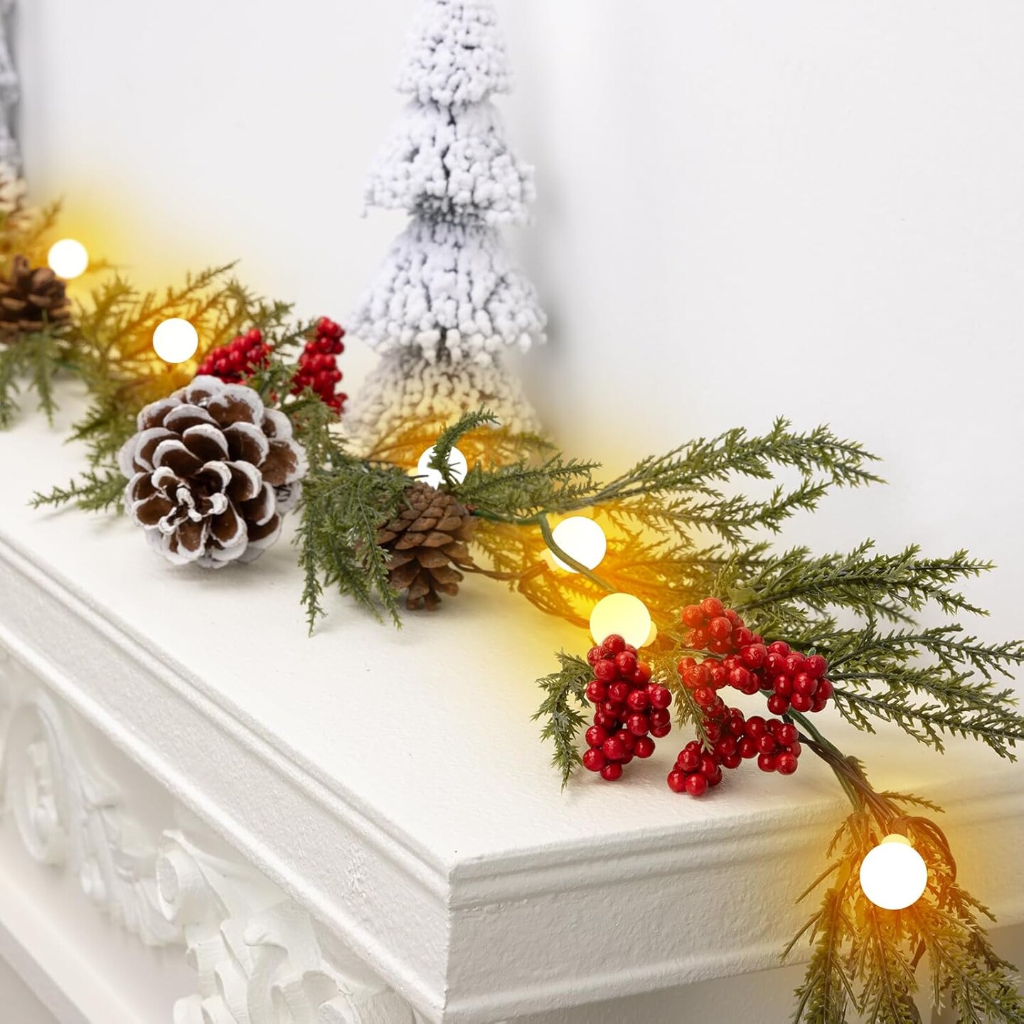 Christmas Garland with Lights, 6FT Artificial Red Berry Xmas Garland and Pinecones, Battery Operated with 20 Globe LEDs for Mantle, Front Door, Stairs Railing, Home Holiday, Indoor, Outdoor Decor