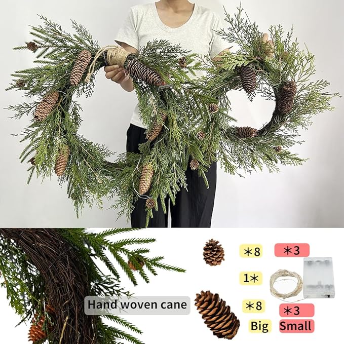 2-Pack 24in Artificial Christmas Wreaths for Front Door Green Pine Needle Pine Cone Christmas Wreath with Lights Christmas Decoration Holiday Window Wedding Decor Wreath