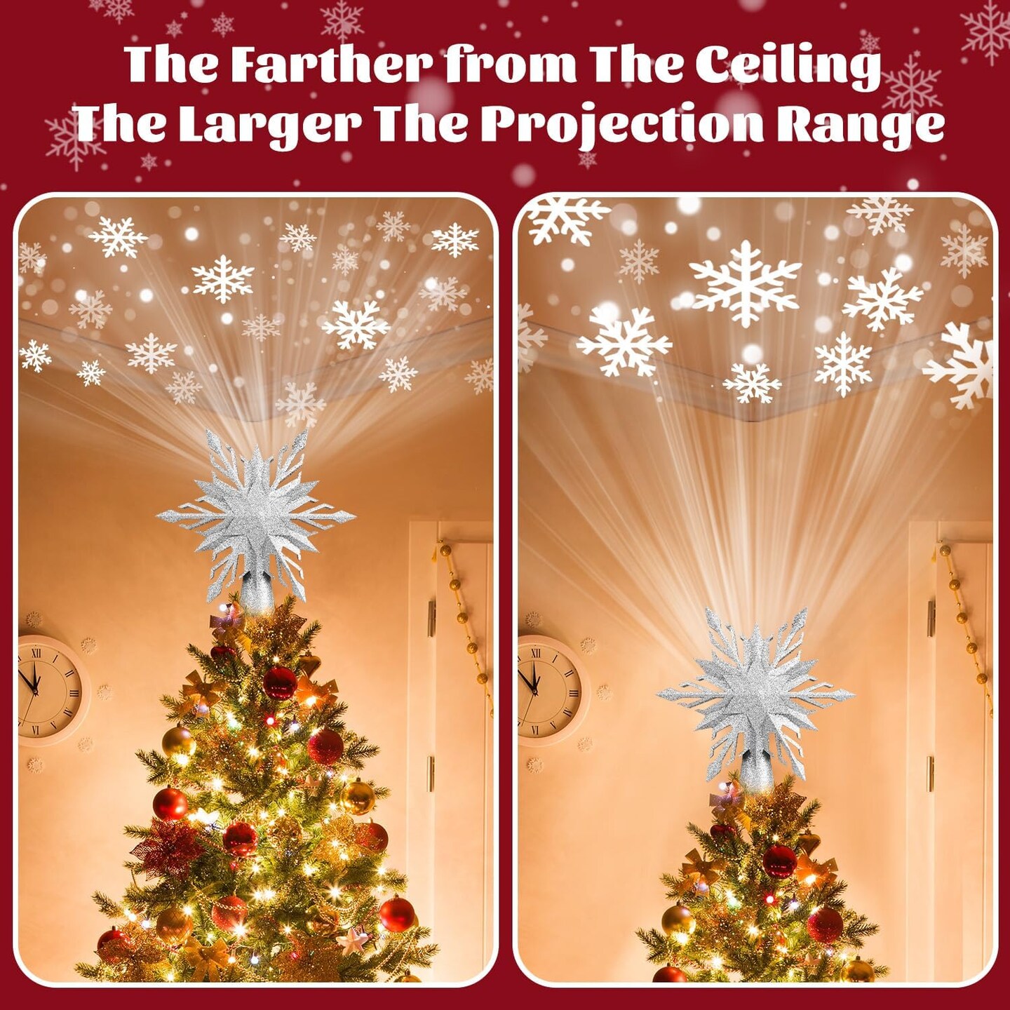 Christmas Star Tree Topper Lighted with Led Snowflake Projection, Christmas Tree Topper Star with Built-in LED Rotating 3D Projector Lights, Christmas Decoration for Family Office Indoor (Silver)