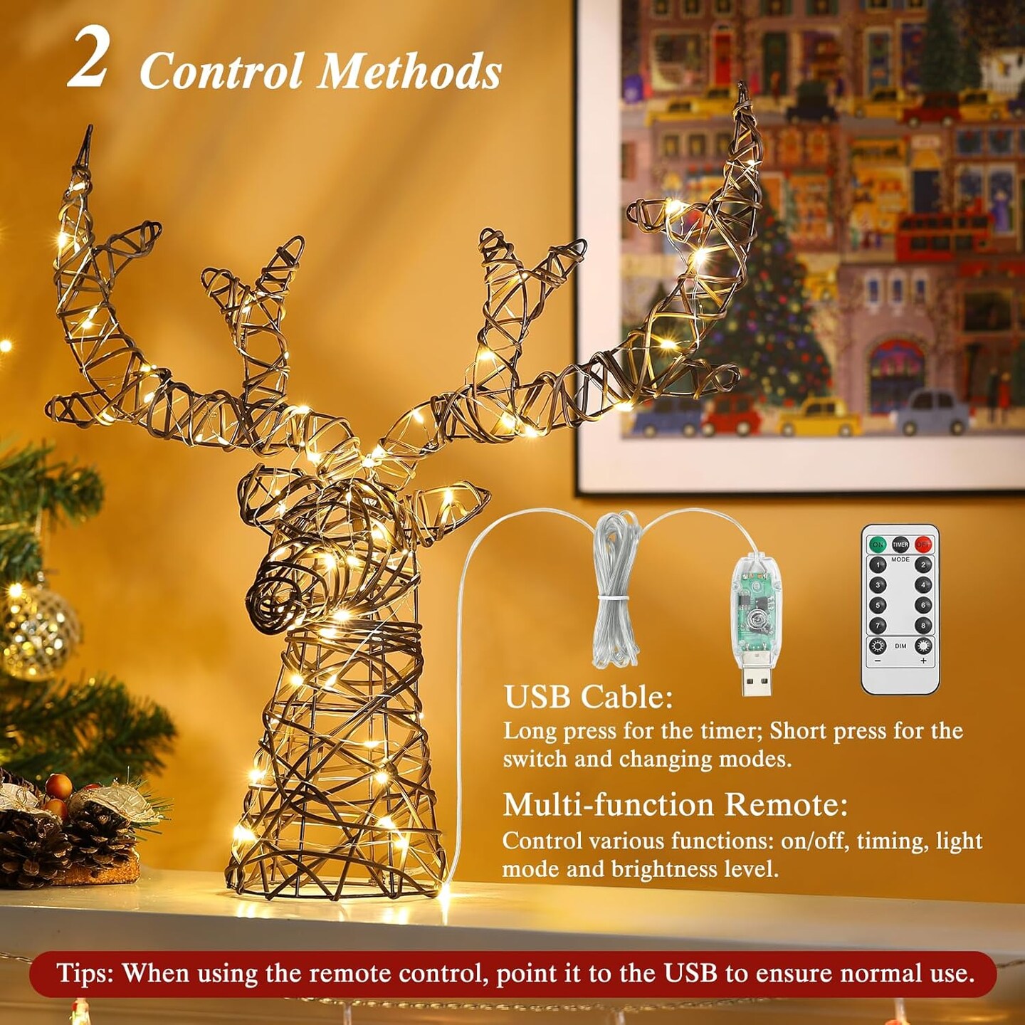 Metal Frame Deer Tree Topper with 50 Warm Light Beads, Remote &#x26; USB Operated Tree Topper with Lights 6H Timer, Xmas Tree Decor for Holiday Home Decoration, Brown
