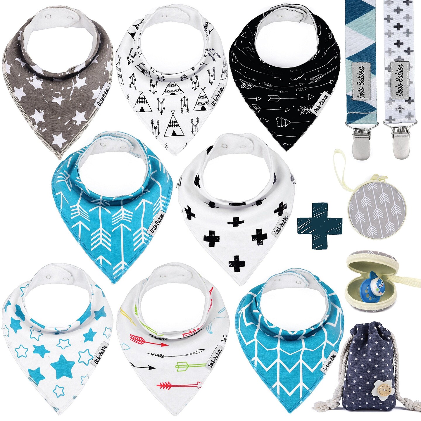 Dodo Babies Bandana Drool Bib Set &#x2013; Eight 100% Cotton Bibs with Soft Polyester Lining, 2 Pacifier Clips, Binky Case, Blue Gift Bag for Baby Girl or Boy Shower &#x2013; Adjustable Snap Fit for 3-24 Months