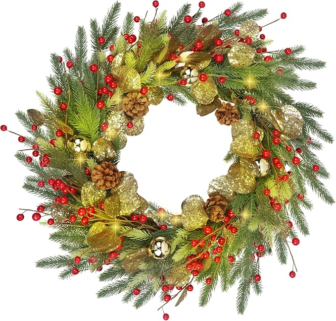 Christmas Wreath with Lights, 22" Battery Operated Lighted Wreath with Timer for Front Door, Pre-lit Artificial Xmas Wreaths with Red Berries, Gold Leaf, Christmas Decorations for Home Window
