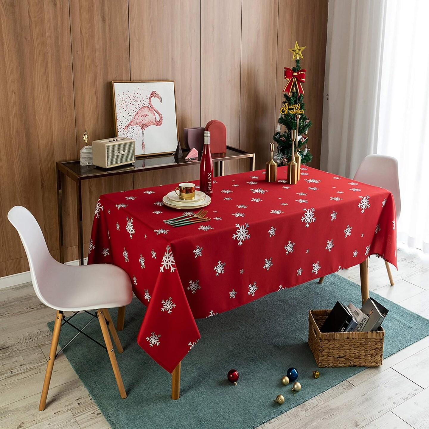 Decorative Christmas Tablecloth, Wrinkle and Water Resistant Holiday Table Cloth for Square and Rectangle Tables, Polyester Fabric Red Table Cover 60 x 102 Inch, Gradient Solid Snowflake