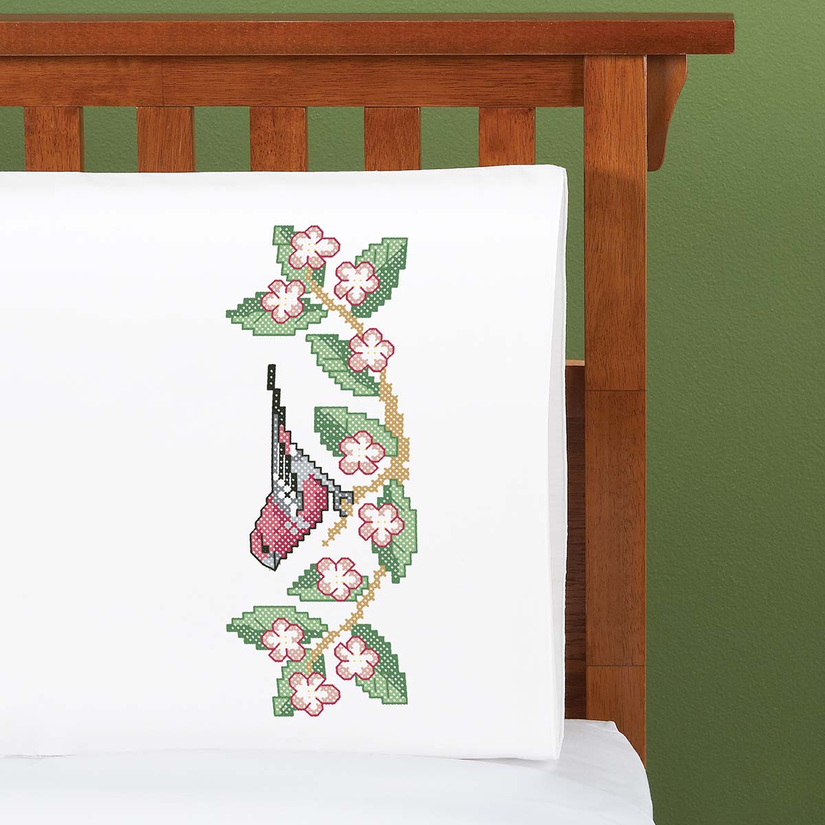 Herrschners  Apple Blossom Tweets Pillowcase Pair Stamped Cross-Stitch