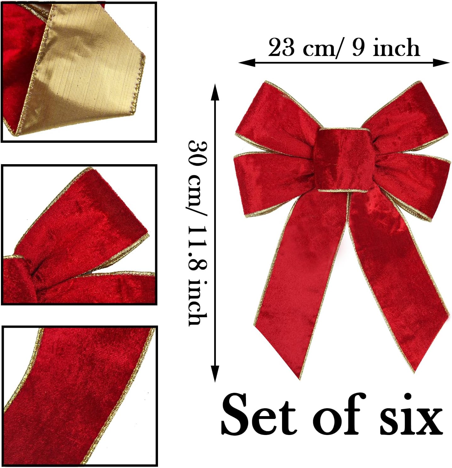6PCS Red Christmas Velvet Bows, 9" x 12" Christmas Wreath Bow with Golden Edged, Christmas Tree Decor Indoor Outdoor Xmas Decoration for Home Party Tree (6)
