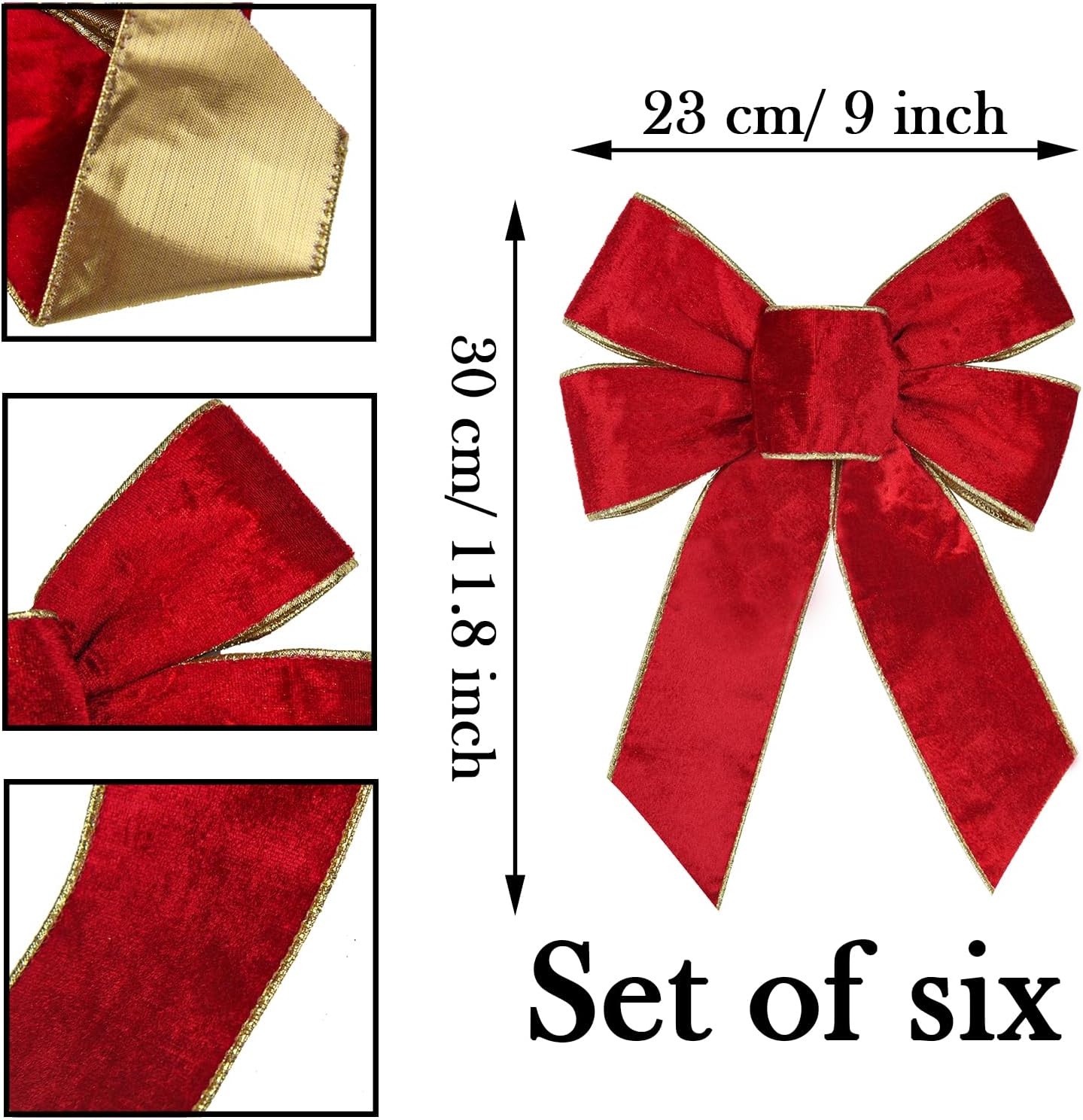 6PCS Red Christmas Velvet Bows, 9&#x22; x 12&#x22; Christmas Wreath Bow with Golden Edged, Christmas Tree Decor Indoor Outdoor Xmas Decoration for Home Party Tree (6)