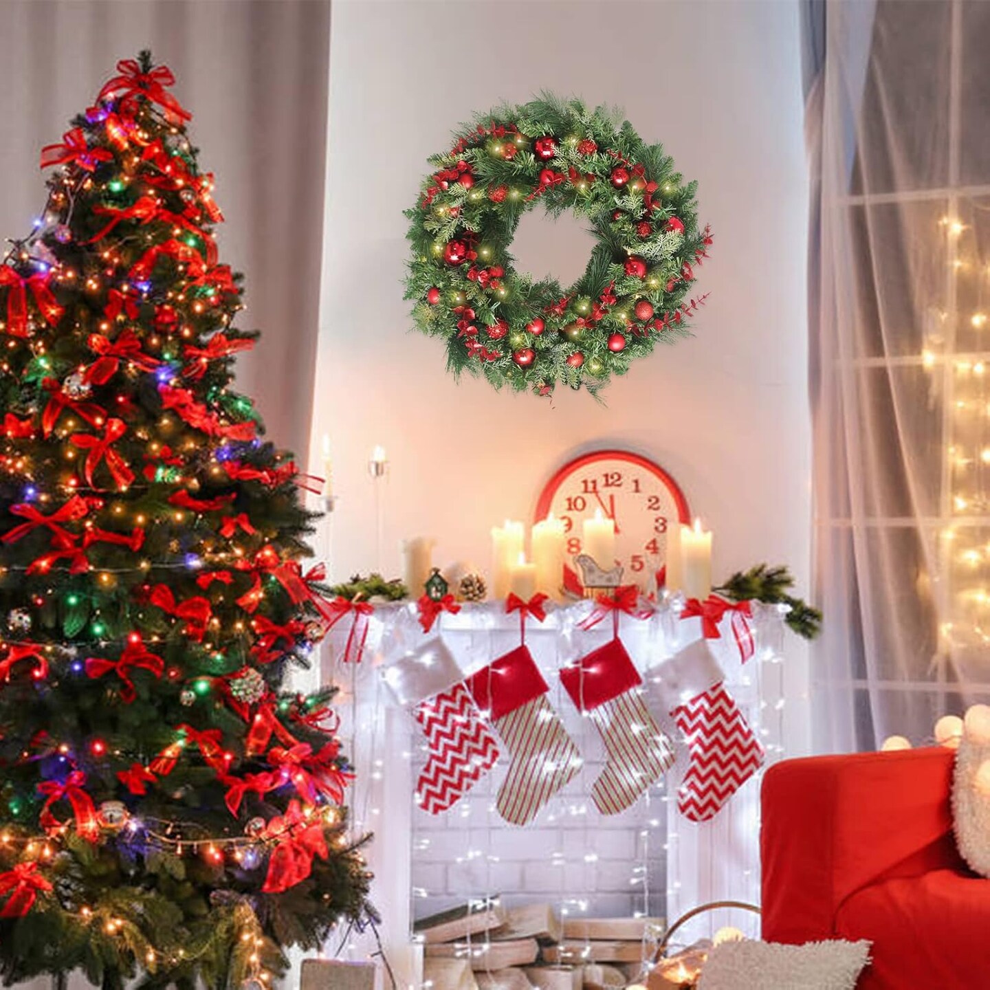 24 Inch Christmas Wreaths, Christmas Wreaths for Front Door with Balls Ornaments, Eucalyptus and Battery Operated LED Lights, Large Artificial Xmas Wreath with Timer for Outdoor Holiday Decor