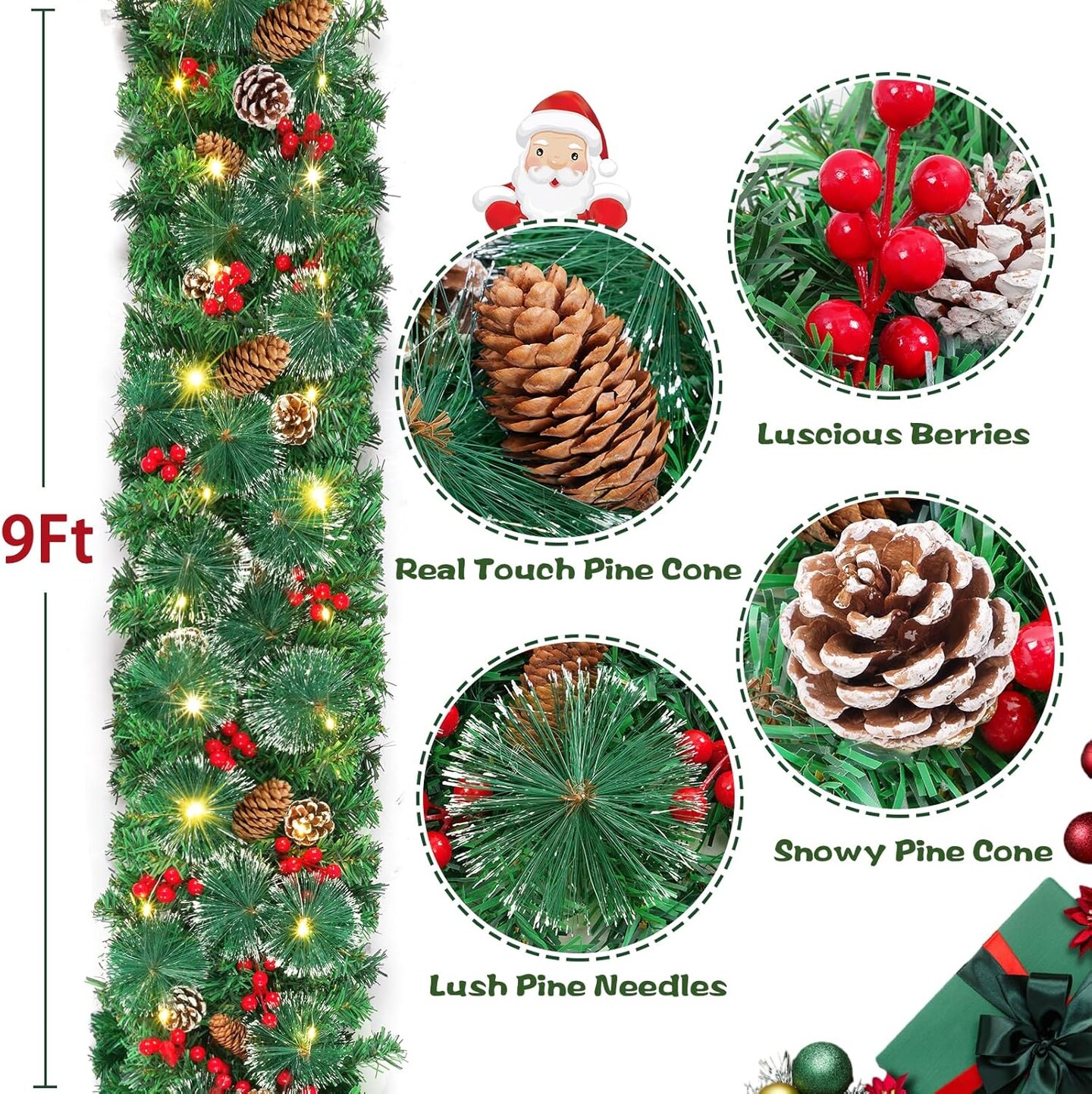 9 FT Christmas Garland with Lights, Lighted Christmas Garland for Mantel, Garlands for Decoration Christmas with Pinecone, Red Berry, Pine, 3 Modes Lighting Christmas Decor for Door, Table, Fireplace