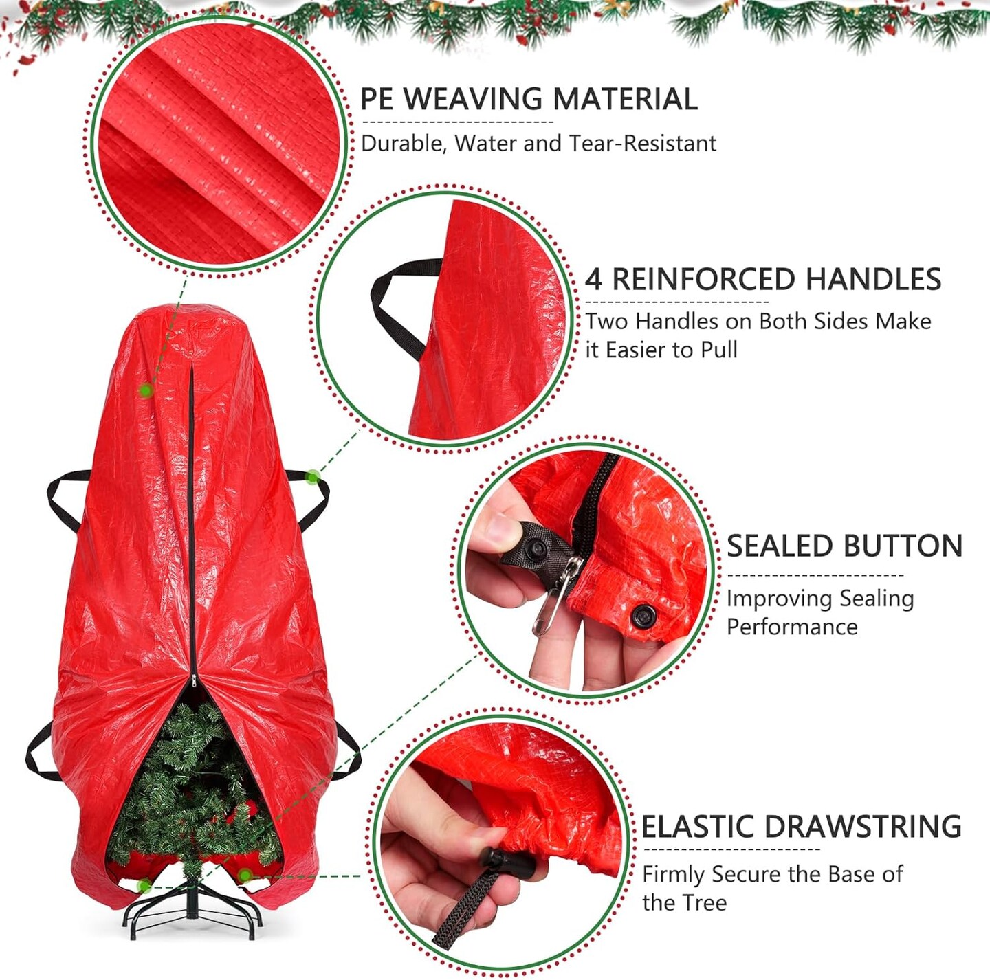 Upright Christmas Tree Storage Bag, 7.5 ft Tear Resistant PE Material Christmas Tree Bag with 4 Reinforced Handles for Xmas Holiday (Red)