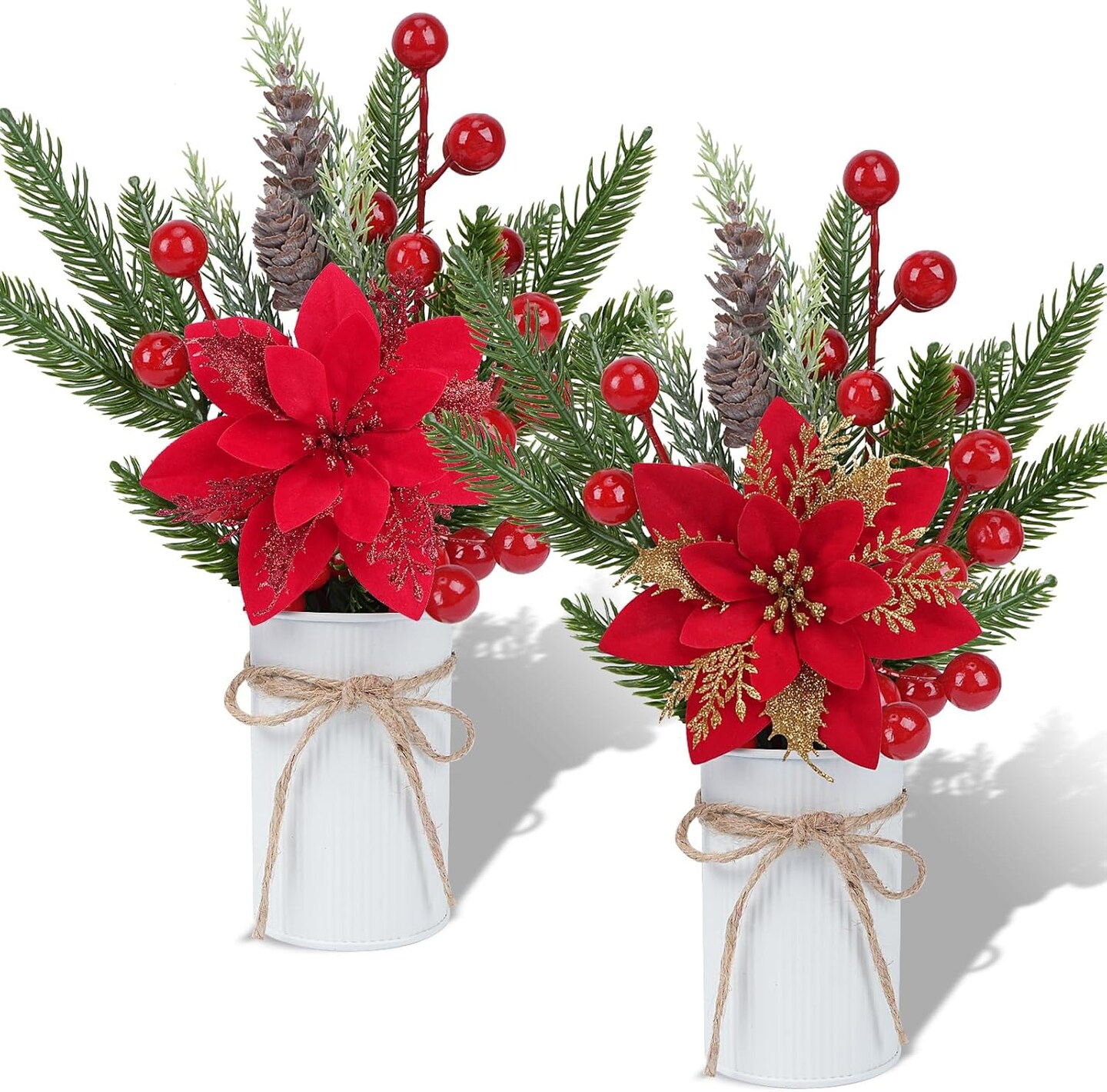 Decorations Christmas Floral Picks and Sprays Christmas Potted Plants with Poinsettia Berries Stems for Home Desktop Farmhouse Party Decor (11&#x22;)